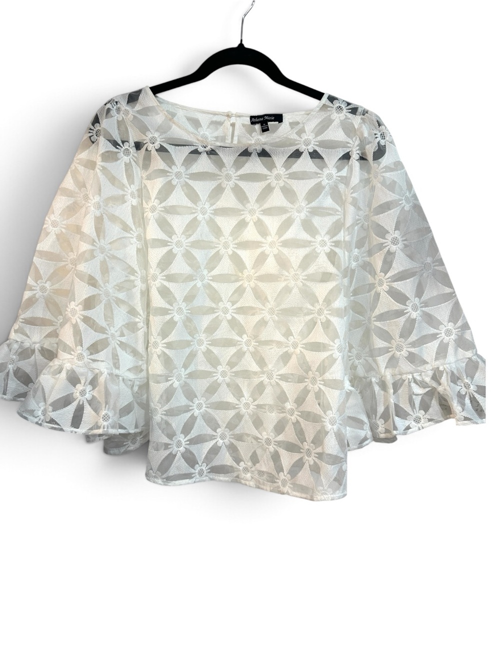 Athena Marie White Floral Embroidered Bell-Sleeve Blouse